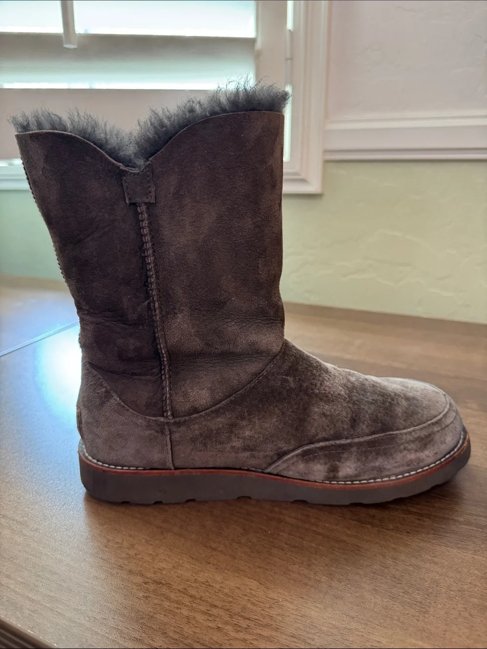 UGG Chocolate Embroidered Suede Shearling-Lined Mid-Calf Boot, Sz. 9